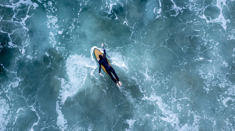 A surfer paddling out at a Newport Beach break