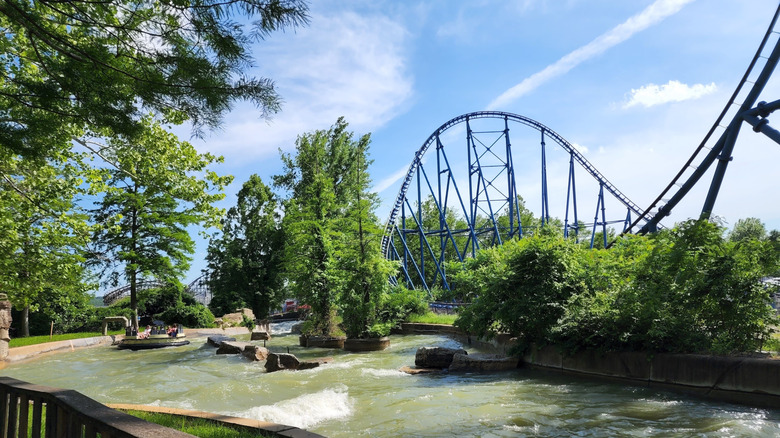 View of the roller coaster through the river rafting ride at Six Flags St. Louis, now Mid America Adventure, in Eureka, Missouri