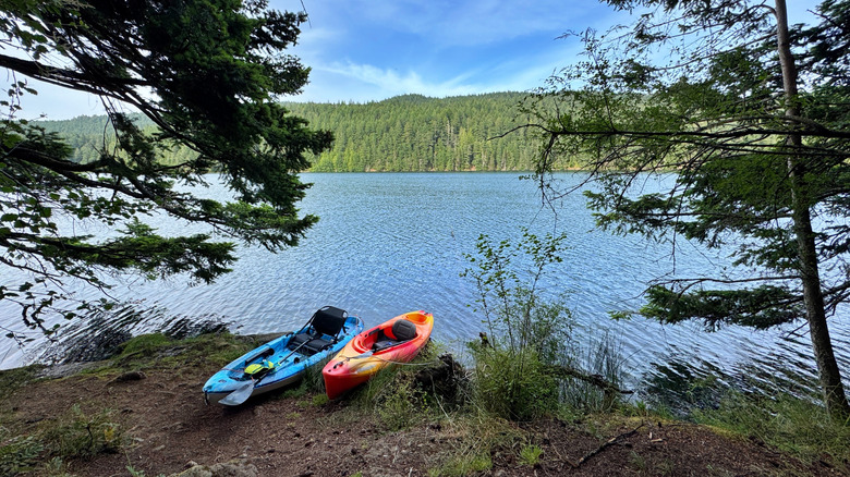 Kayaks on lakeshore at Moran State Park