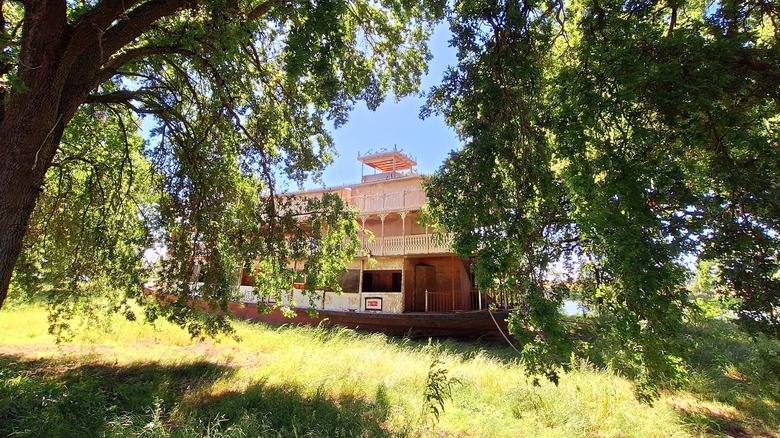 The Spirit of Sacramento stands beyond leafy trees outside of Sacramento, California