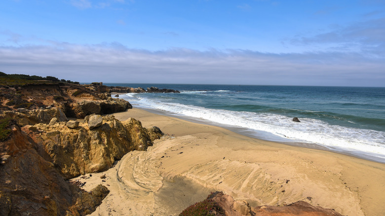 An empty beach with rocky headlands and golden sand