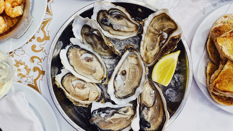 Oysters with lemon wedge on a dinner table
