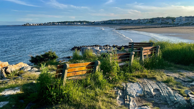 Benches along the coastline at Wallis Sands Beach, Rye, New Hampshire.