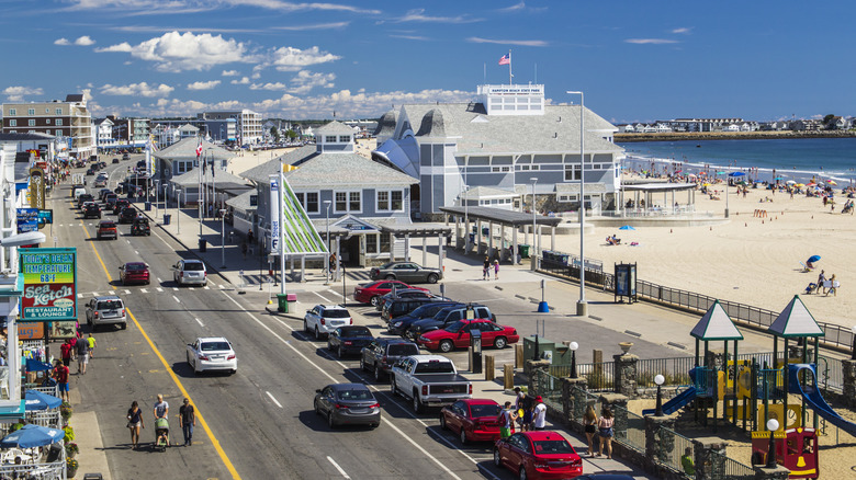 An elevated view of summer traffic on Ocean Boulevard at Hampton Beach in Hampton, New Hampshire.