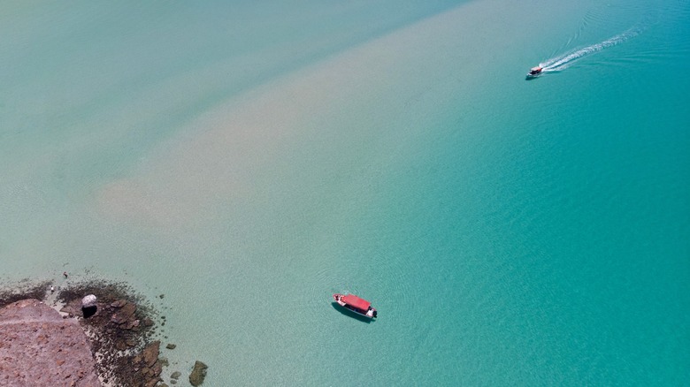 Aerial image of two boats on Balandra Beach