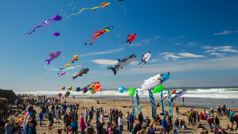 Colourful kites fly above a crowd of spectators standing on a beach in Lincoln City, Oregon
