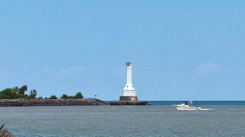 A view of Huron Harbor Lighthouse from the shore of Nickel Beach