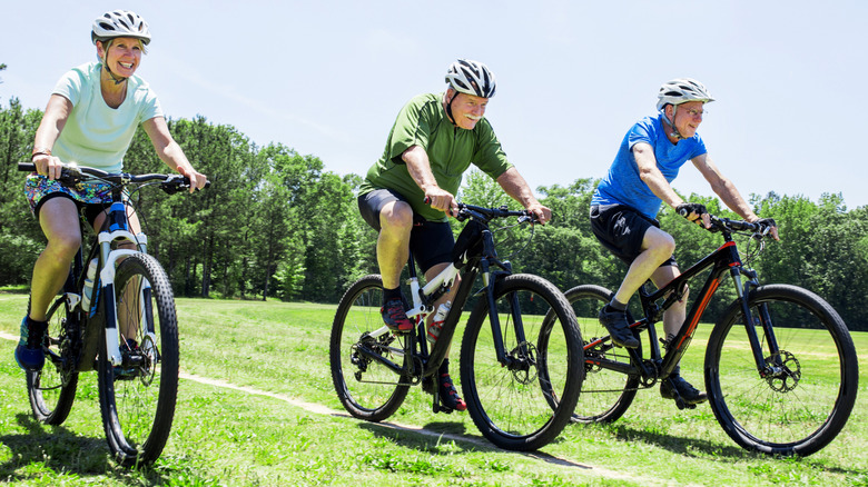 Three seniors ride mountain bikes through a field on a sunny day
