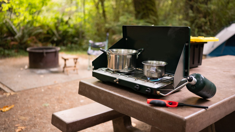 Camping stove on a picnic table