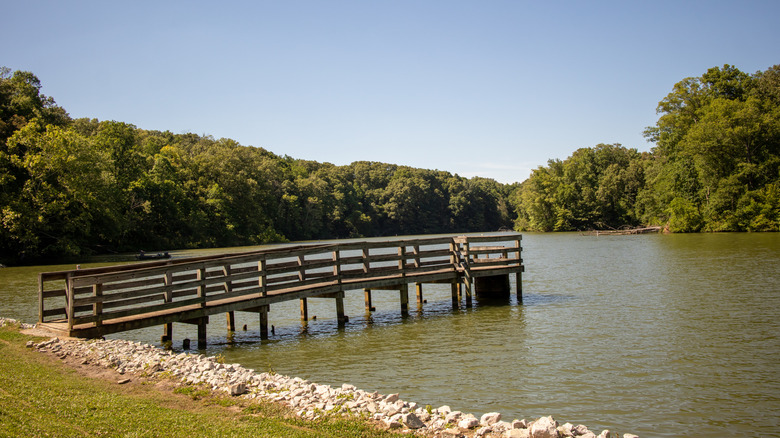 A pier reaching over a lake at Fort Pillow State Park, Tennessee
