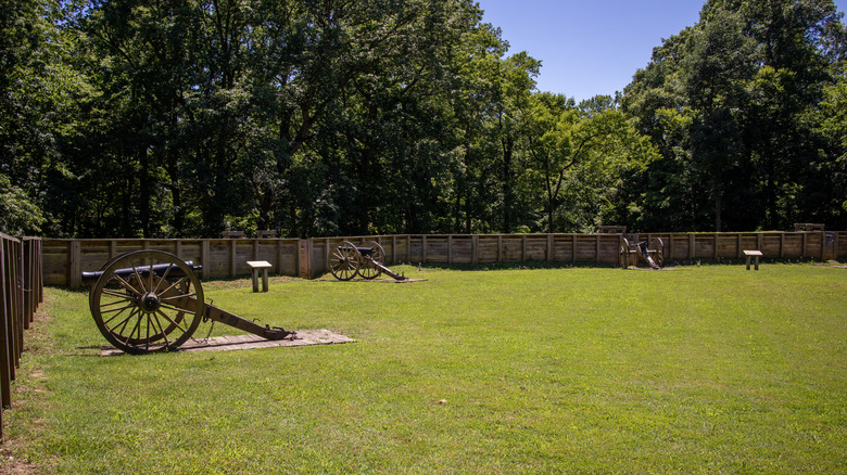 Cannons on display behind barricades at Fort Pillow State Park in Tennessee