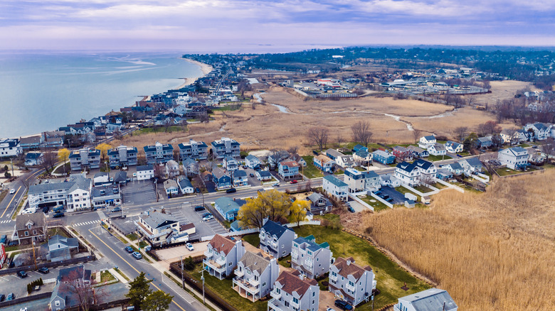 aerial view of Fairfield residential neighborhood, with blue water in the background