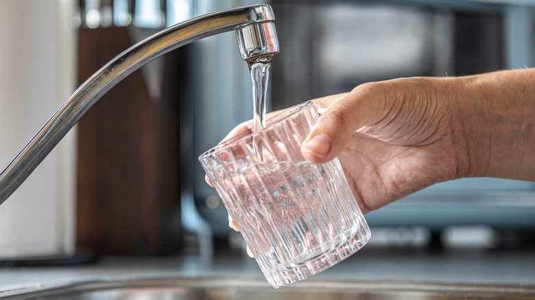 Closeup of someone filling a glass from a tap