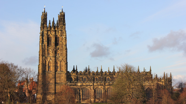 Wrexham Steeple poking out of St. Giles' Church in Wrexham, Wales