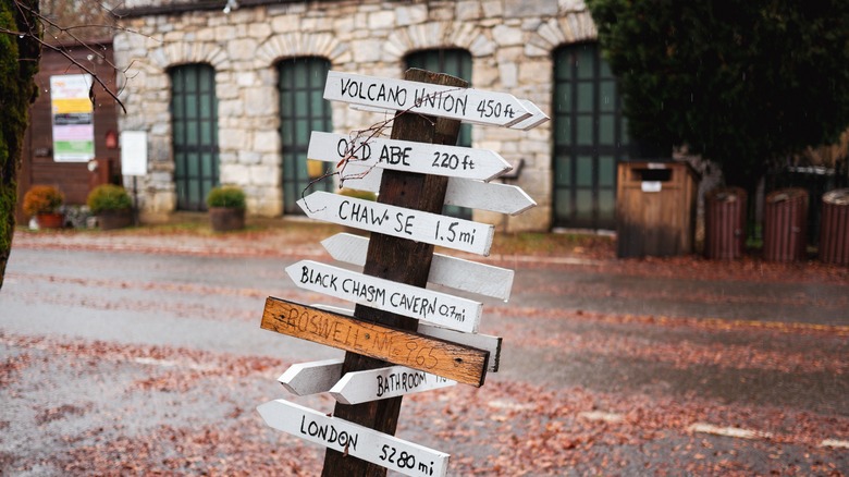 A wooden signpost in Volcano, California