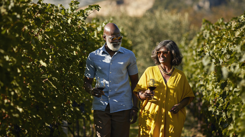 Two people walking through a winery