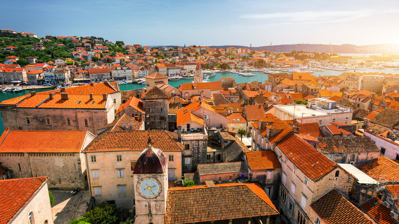 Aerial view of Trogir town center over tiled rooftops
