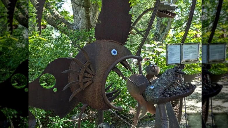 Photo of a fish-like metal sculpture at Jurustic Park