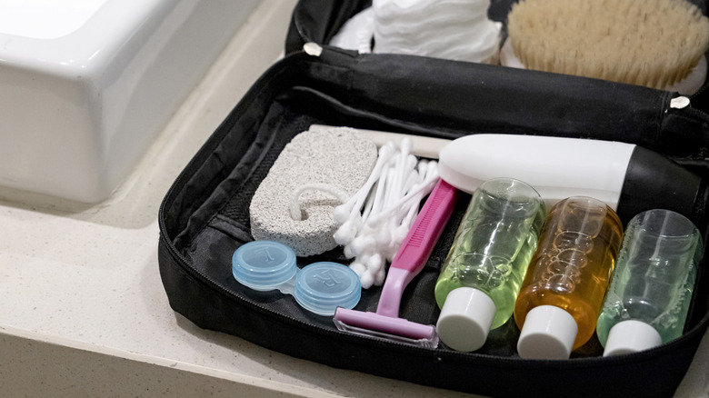 toiletry bag on counter