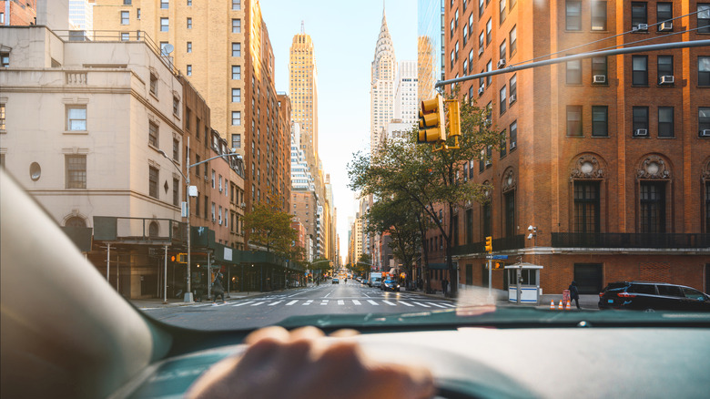Point of view of a person driving in New York City
