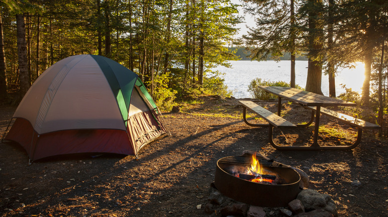 Campsite on a lake with a campfire and picnic table