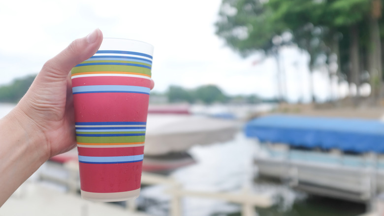 Woman's hand holding cool beverage with lake and boats in background in Noblesville, Indiana