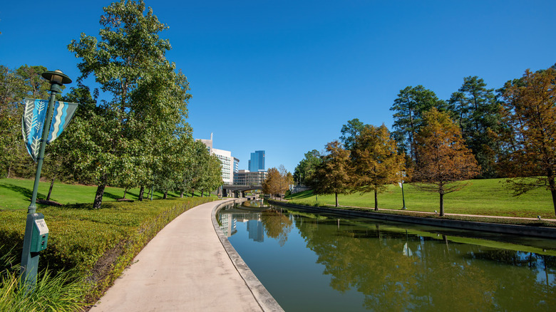 A view of the Waterway on a bright, cloudless day in The Woodlands, TX