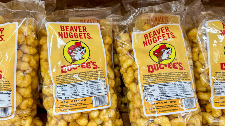 Bags of Buc-ee's beaver nuggets corn snacks on a shelf