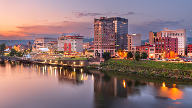 Downtown Charleston riverfront view at dusk viewed from Kanawha City, West Virginia