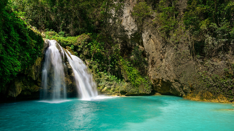 Waterfall surrounded by cliffs and lush foliage flowing into turquoise pool.