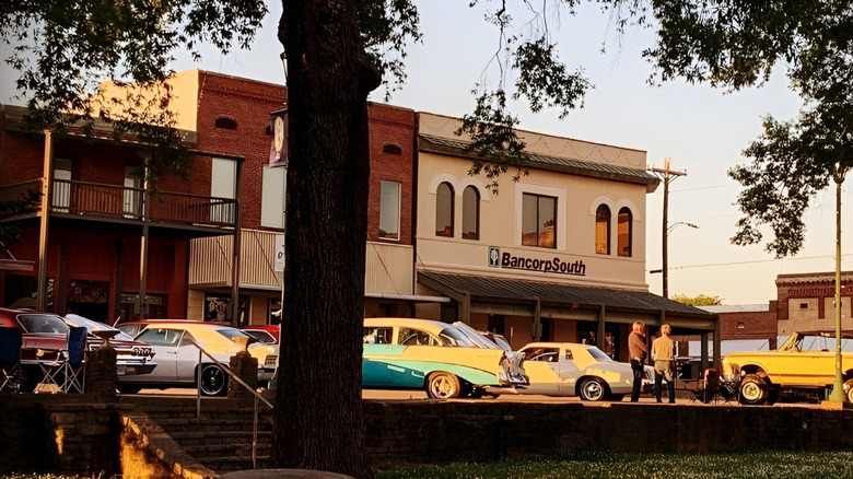 Quaint buildings and a tree in a park in Iuka