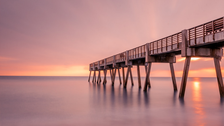 pink skies over stilted dock
