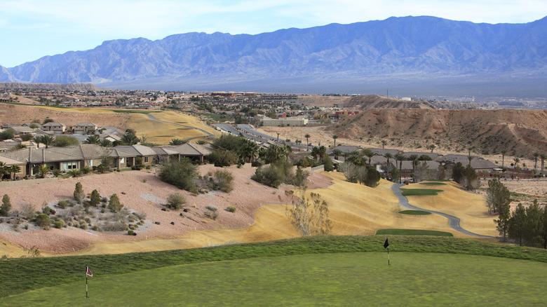 A wide shot of the small town of Mesquite, ten minutes from Beaver Creek, with mountains in the background