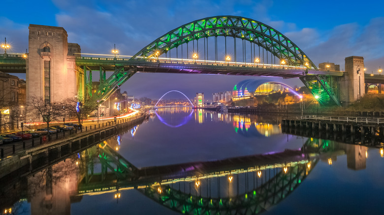 Tyne Bridge at night lit up in Newcastle, England