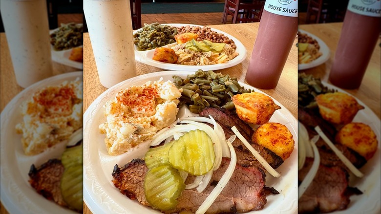 Brisket plate with sides of potato salad & green beans from Rusty's Bar-B-Q in Leeds, Alabama