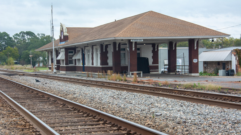 Historic railroad station and tracks in Gurdon, Arkansas