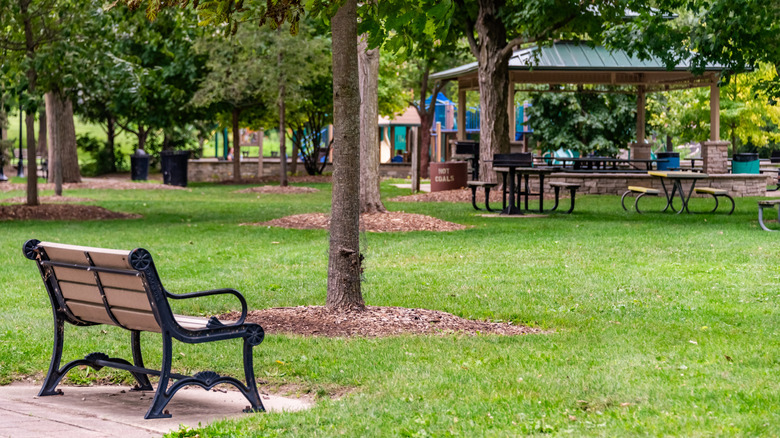 Bench at Hudson Crossing Park in Oswego, Illinois