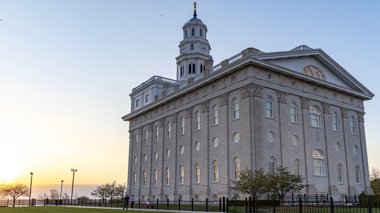 The historic temple in Nauvoo with a blue-sky backdrop