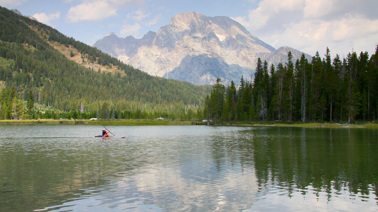 Person kayaking on the calm surface of Leigh Lake with trees and mountains behind them