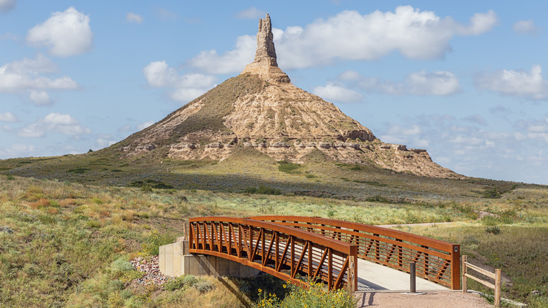 The bridge leading to Chimney Rock, a geological rock formation in the North Platte River valley