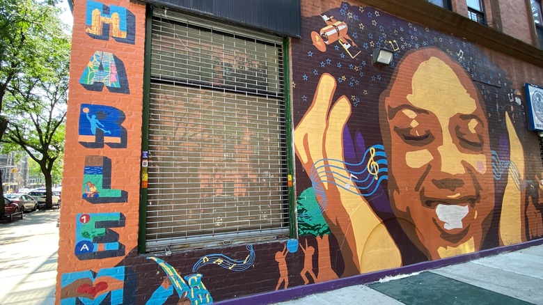 Mural of woman listening to music