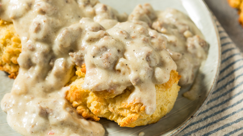 Homemade biscuits and gravy on a plate