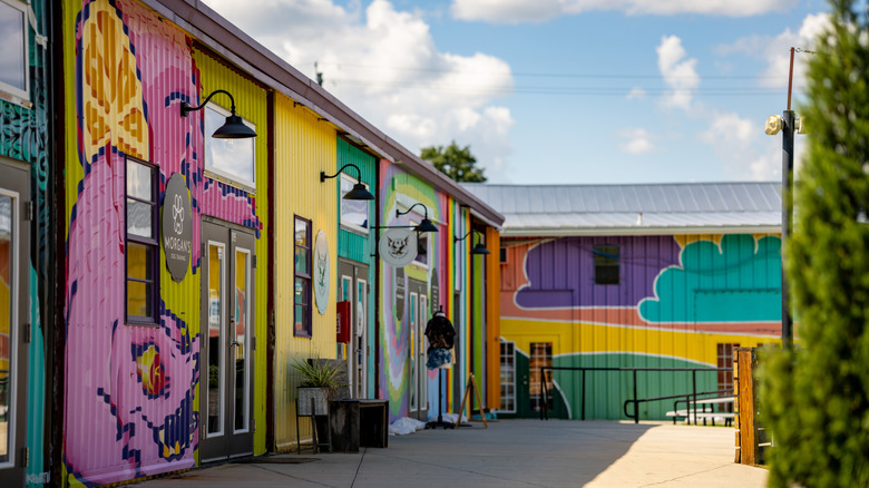 Colorful art galleries and cafes at Railroad Square Art District.