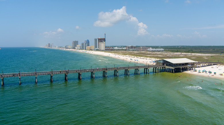 Aerial view of the fishing pier at Gulf State Park in Gulf Shores, Alabama
