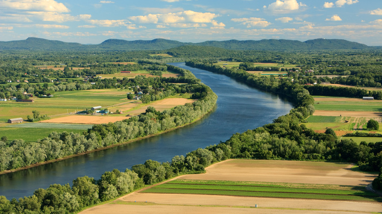 An aerial view of the Massachusetts River winding through Pioneer Valley