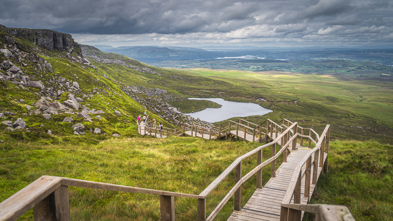 View of the lakes, bogs and rock formations seen from the top of the Cuilcagh Boardwalk Trail