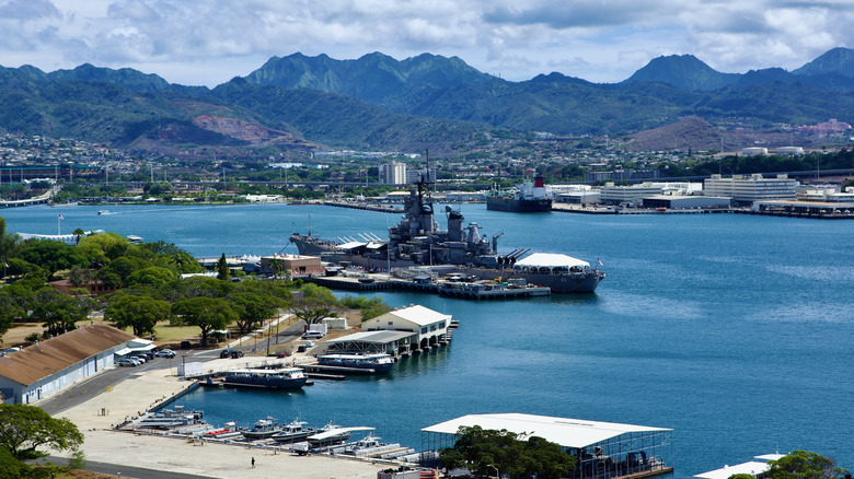 The USS Missouri viewed from Ford Island in Hawaii