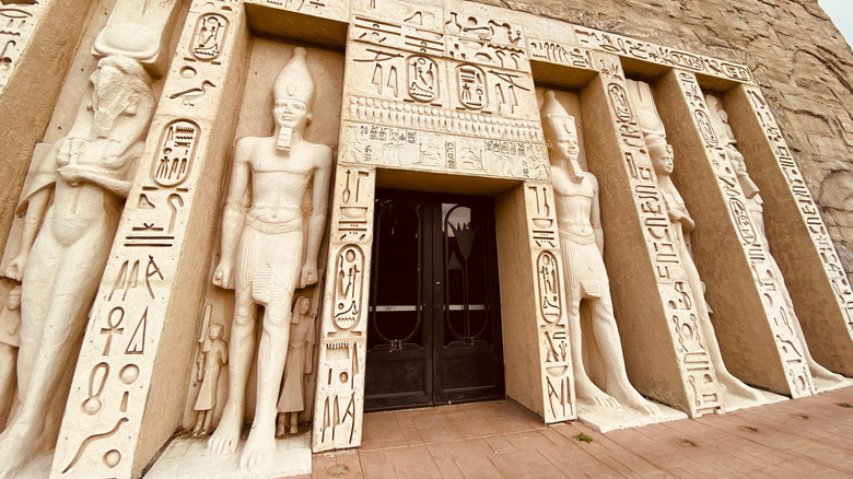 Egyptian statues and facade of the shopping center in Chino Hills, California