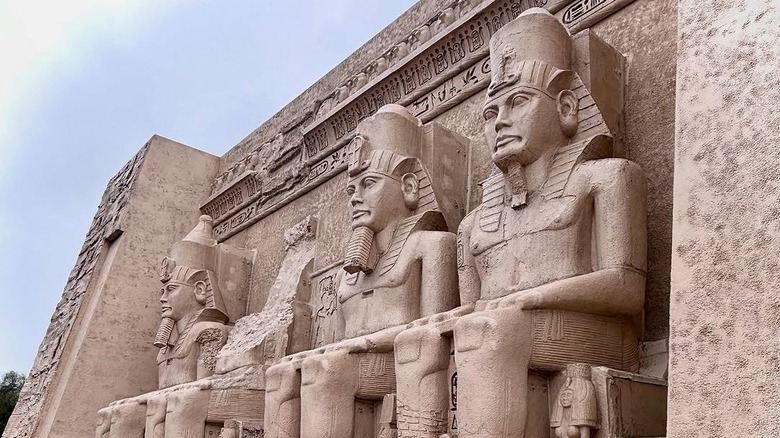Egyptian statues on the outside of a shopping center in Chino Hills, California