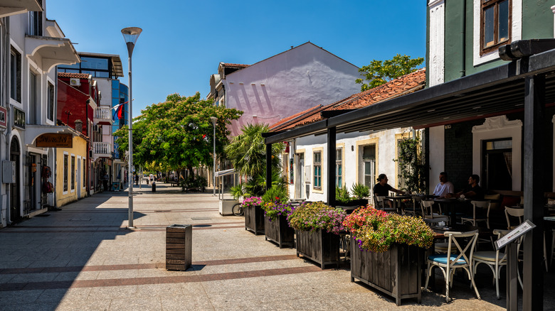 A charming street and cafe in Podgorica, Montenegro on a sunny day